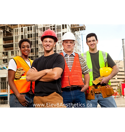 Group of construction workers smiling confidently, supported by Elev8 Aesthetic Medicine’s wellness solutions for active professionals.